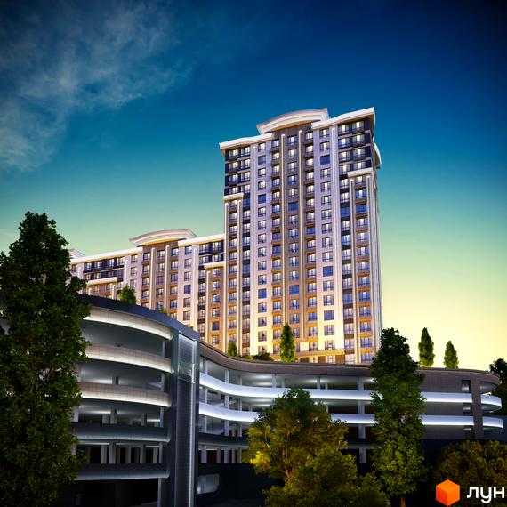 Житловий комплекс Новопечерський Квартал №5: багатоповерховий будинок з світлим фасадом та великими вікнами, поруч багаторівневий паркінг та зелені насадження.