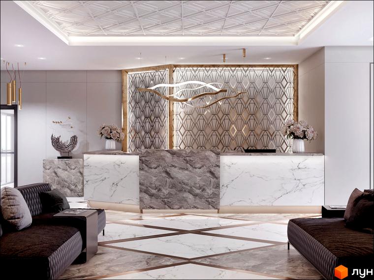 Просторе лобі Житлового комплексу Новопечерський Квартал №5 з мармуровою рецепцією, геометричною стіною та підвісним світильником. Приміщення має зони відпочинку.