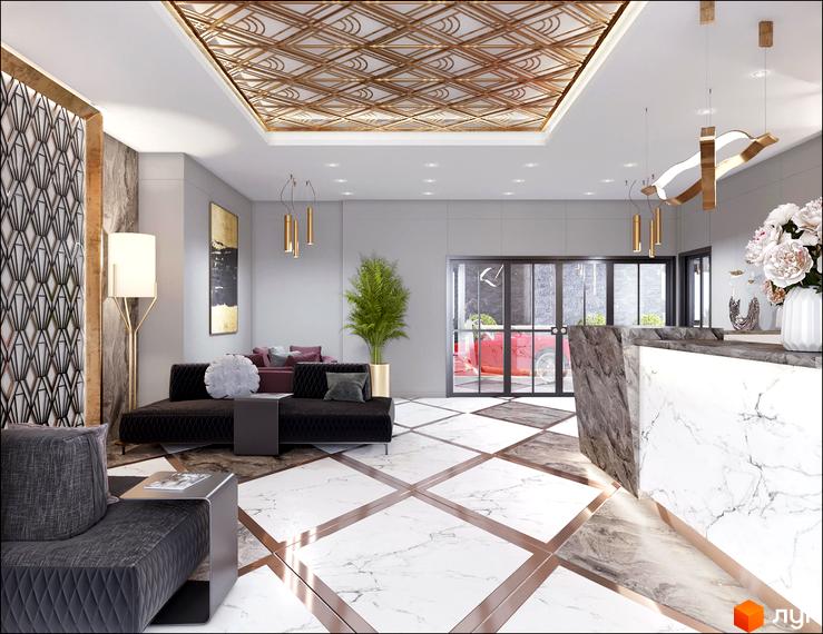 Інтер'єр лобі Житлового комплексу Новопечерський Квартал №5: просторий хол з мармуровою підлогою, золотим оздобленням стелі та зручними диванами.