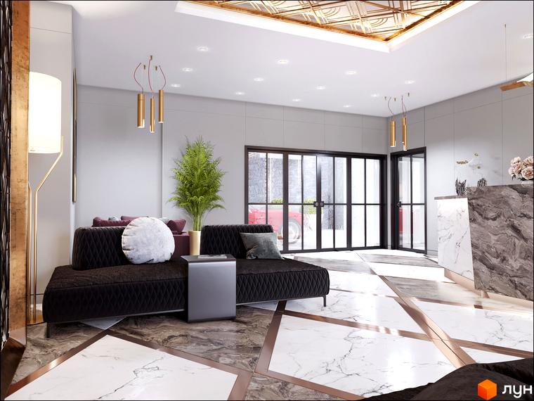 Просторий вестибюль Житлового комплексу Новопечерський Квартал №5 з диванами, мармуровою підлогою та скляними вхідними дверима.