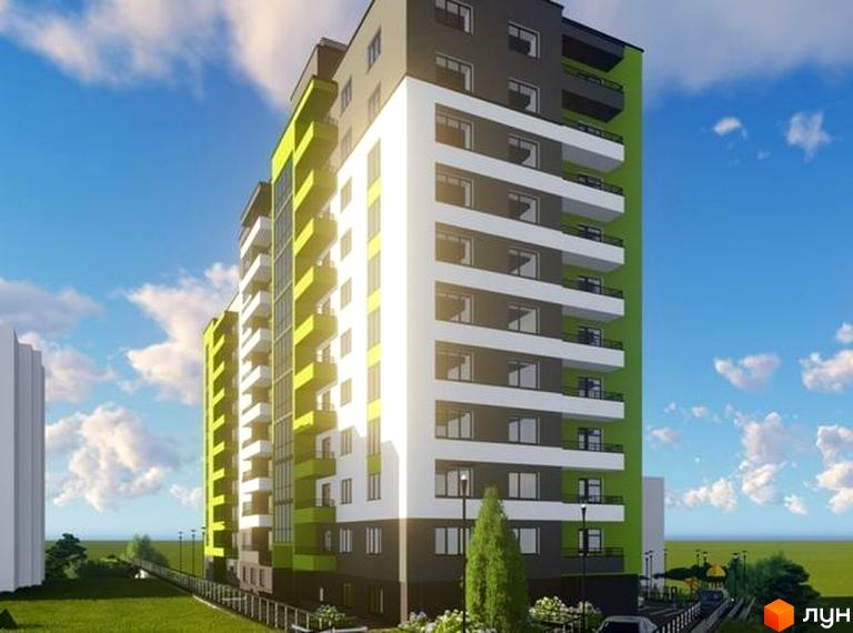 Новобудова на вул. Бенцаля, 7, з яскравим фасадом та балконами. Навколо будинку зелена територія з деревами та дитячим майданчиком.