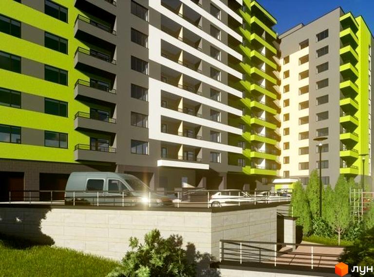 Зовнішній вигляд новобудови на вул. Бенцаля, 7, з яскравими зеленими та сірими фасадами, балконами та прибудинковою територією з деревами та автомобілями.