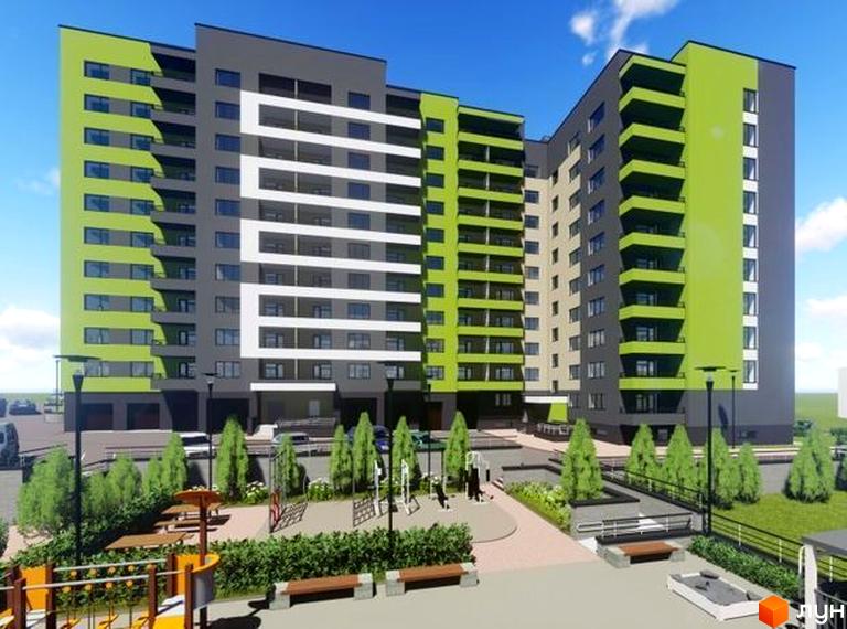 Зовнішній вигляд житлового комплексу на вул. Бенцаля, 7, з яскраво-зеленими та сірими фасадами, балконами та прибудинковою територією з дитячим майданчиком та зонами відпочинку.