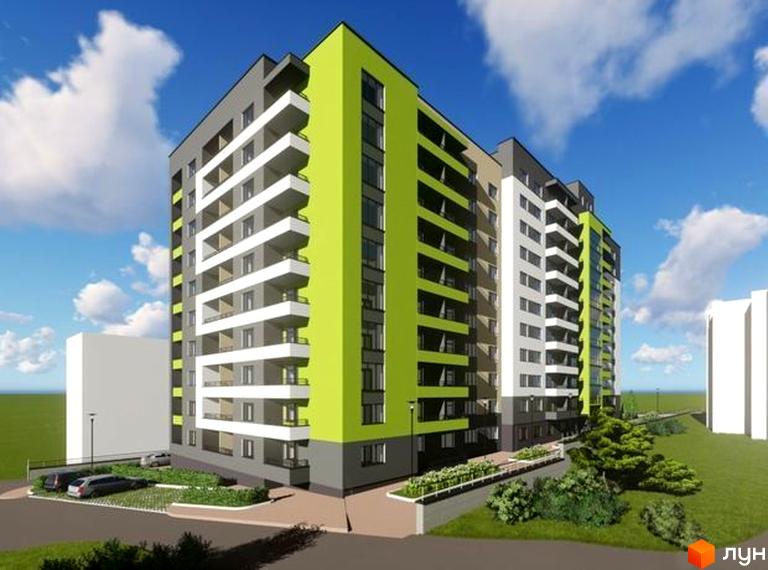 Новобудова на вулиці Бенцаля, 7, з яскравим зеленим фасадом та білими балконами. Прибудинкова територія з деревами та парковкою.