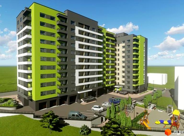 Сучасний житловий комплекс на вулиці Бенцаля, 7, з яскравим фасадом та упорядкованою прибудинковою територією з дитячим майданчиком.