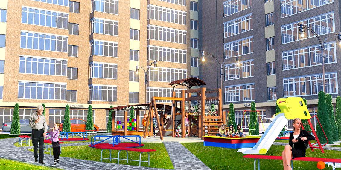 Житловий комплекс Золота Підкова: цегляні фасади будинків з панорамними вікнами та дитячий майданчик з гіркою та гойдалками.