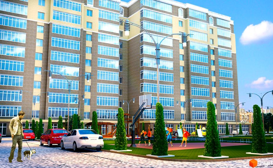 Житловий комплекс Золота Підкова: багатоповерховий будинок з великою кількістю вікон, прибудинкова територія з баскетбольним майданчиком та зонами відпочинку.