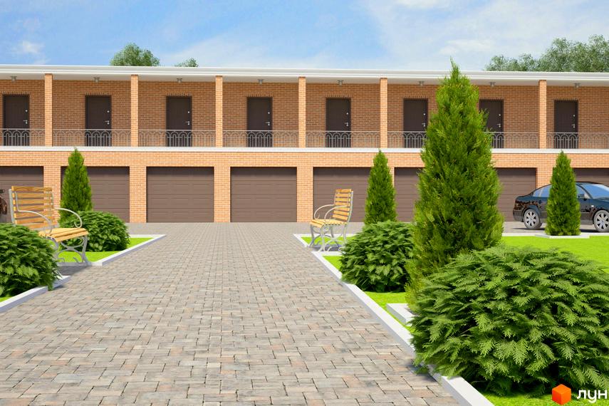 Житловий комплекс Золота Підкова. Фасад будинку з цегли, гаражні ворота та паркомісця. Прибудинкова територія з ландшафтним дизайном, деревами та лавками.
