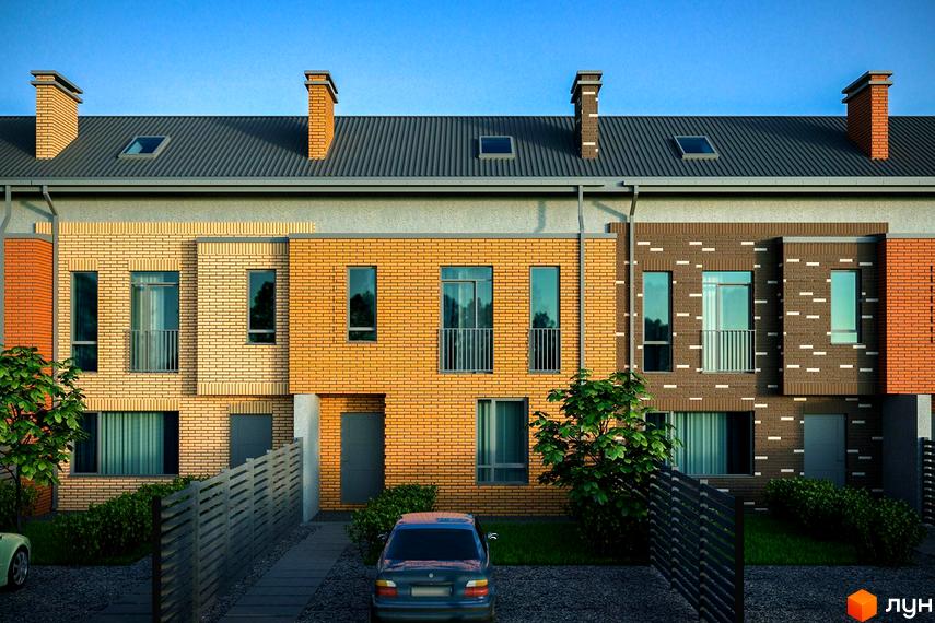 Таунхауси Sun House з цегляним фасадом. Прибудинкова територія з паркуванням та зеленими насадженнями.