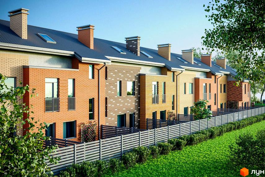 Таунхауси Sun House з цегляним фасадом та зеленим газоном. Зовнішній вигляд житлового комплексу з парканом та деревами.