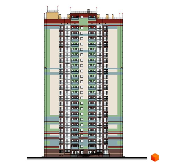 Фасад житлового комплексу Еврика з багатоповерховими секціями та балконами. Будинок має різнокольорове оздоблення фасаду.