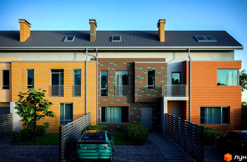 Зовнішній вигляд таунхаусів Sun House з цегляним фасадом та прибудинковою територією з автомобілем та парканом. Огляд новобудови.