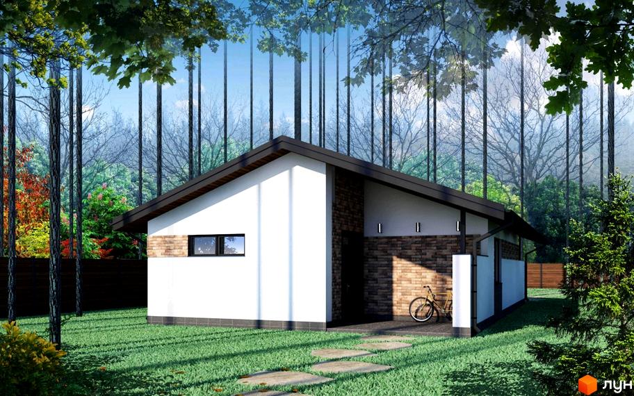 Котеджне містечко КМ Чайковка Hills: одноповерховий будинок з білою та цегляною обробкою, розташований на зеленій галявині з доріжкою з каменів. Навколо будинку багато дерев.