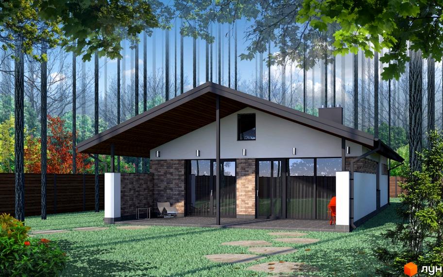 Котеджне містечко Чайковка Hills: одноповерховий будинок з панорамними вікнами, цегляним фасадом та навісом. Прибудинкова територія з газоном та стежками.