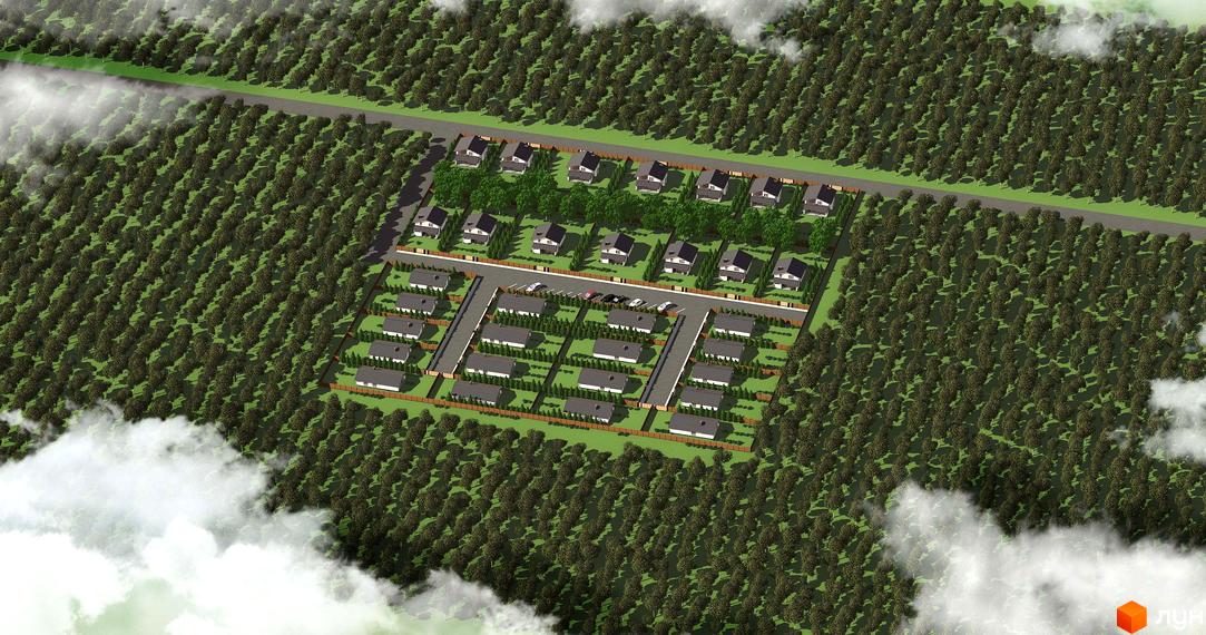 Котеджне містечко Чайковка Hills: оглядовий вид на котеджі та прибудинкову територію з деревами та хмарами. Забудова розташована серед зеленого лісу.