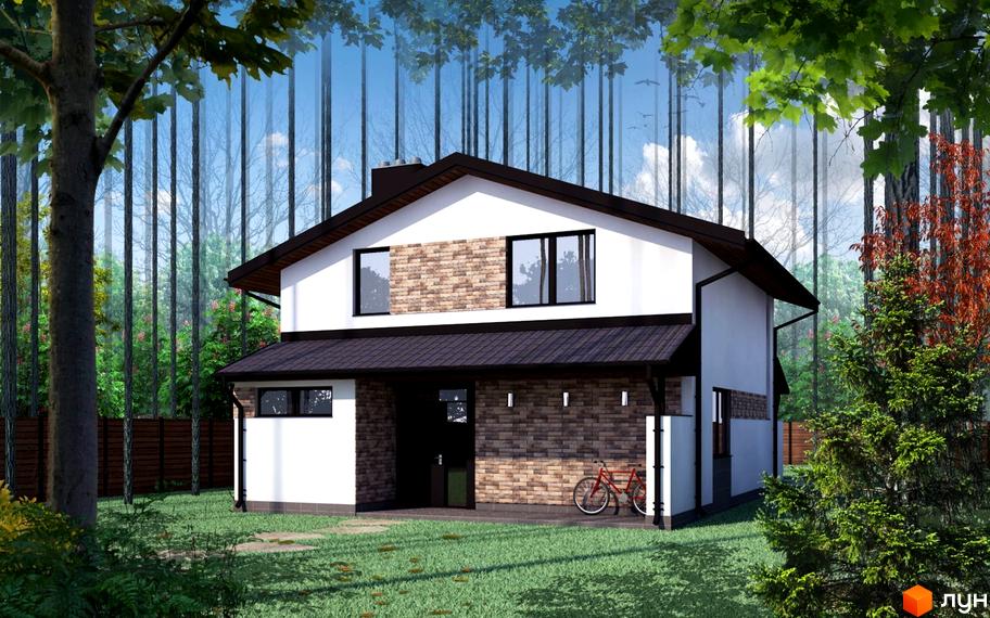 Котеджне містечко Чайковка Hills: двоповерховий будинок з цегляним оздобленням фасаду та темним дахом на тлі лісу. На прибудинковій території зелений газон та дерево.