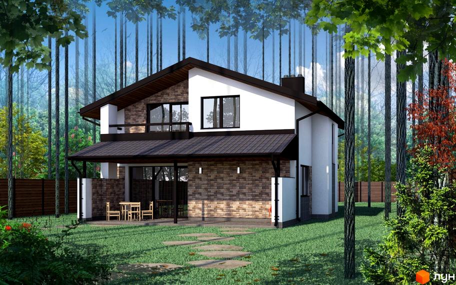 Котеджне містечко Чайковка Hills: двоповерховий будинок з цегляним фасадом та великими вікнами, розташований на зеленій ділянці з доріжкою з каменів.