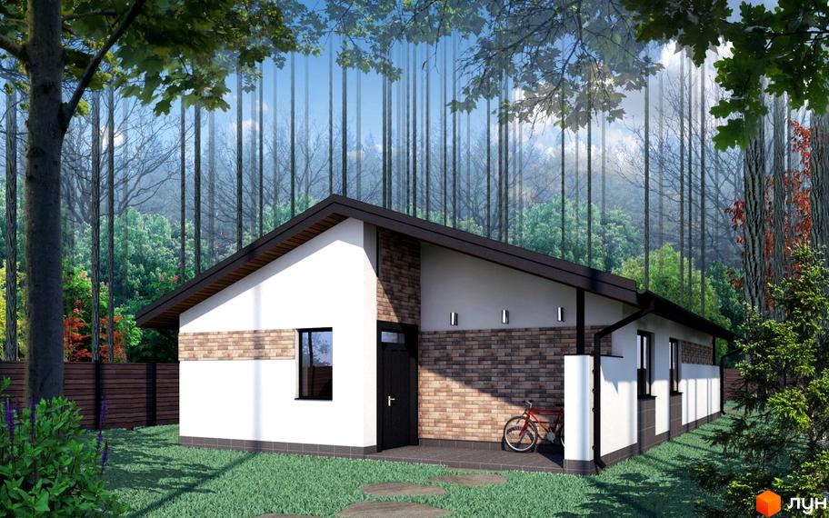 Котеджне містечко Чайковка Hills: одноповерховий будинок з білою та цегляною обробкою, вікнами та дверима, розташований на зеленій ділянці з деревами та парканом. Поруч стоїть велосипед.