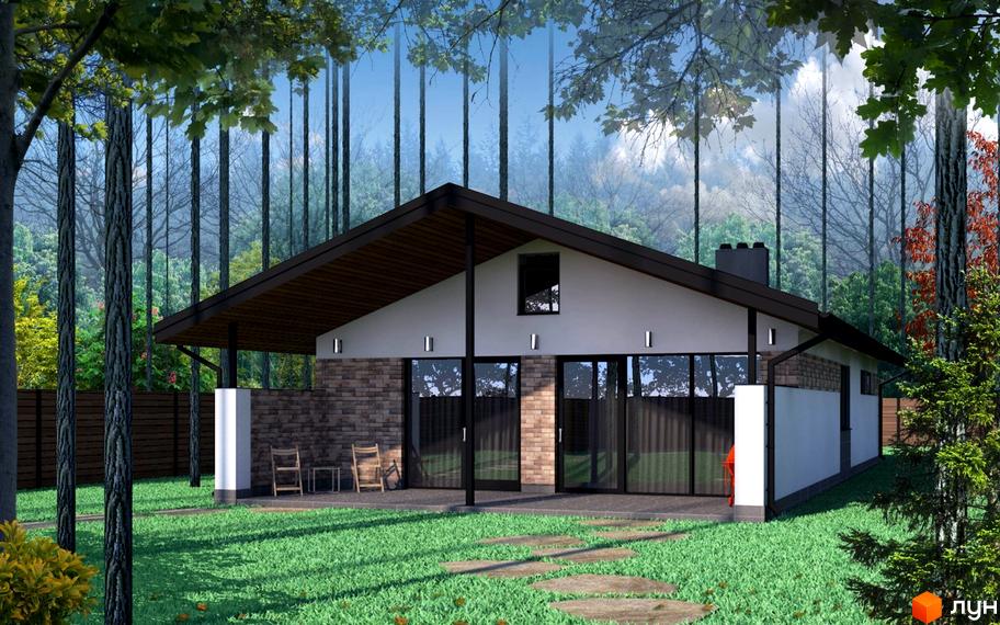 Котеджне містечко Чайковка Hills: одноповерховий будинок з цегляним фасадом та великими вікнами, розташований на зеленій галявині серед дерев. Навколо будинку доглянутий двір з доріжками та місцями для відпочинку.