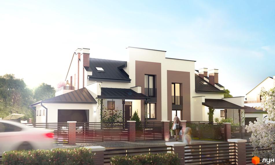 Котеджне містечко Вишня. Двоповерховий будинок з білими стінами та коричневими вставками. На території будинку є паркан з цегли та дерева.