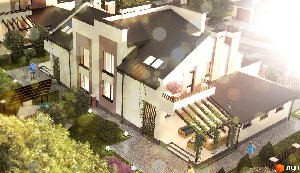 Зображення Котеджного містечка Вишня. Двоповерховий будинок з терасою та великими вікнами. Навколо будинку зелені насадження та доріжки.