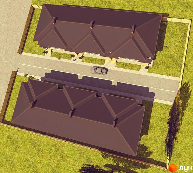 Таунхауси Сонячний: вид зверху на двоповерхові будинки з коричневими дахами та зелену прибудинкову територію з парканом. Поруч дорога з автомобілем.