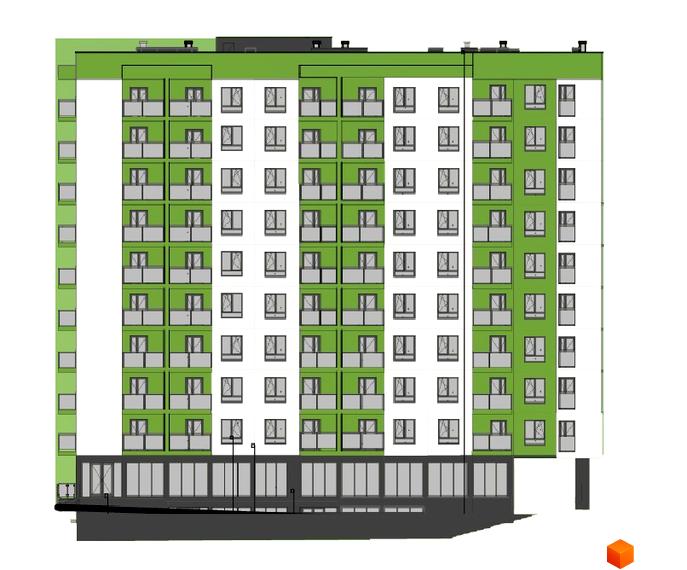 Фасад новобудови на вул. Угорська, 17. Багатоповерховий будинок з балконами та великими вікнами, зелені та білі секції. Біля будинку розташована прибудинкова територія з входами.