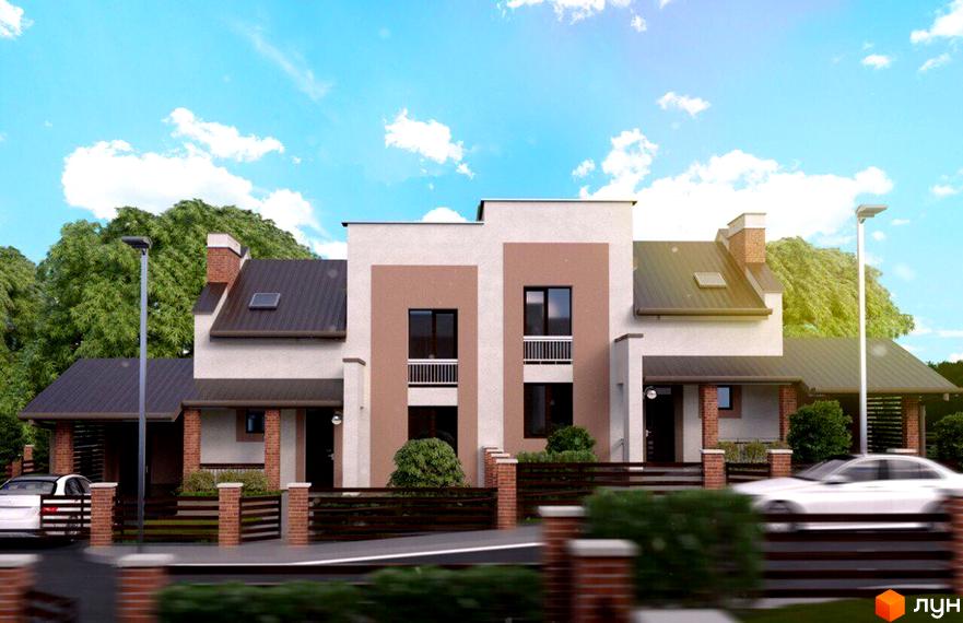 Зображення сторінки Котеджне містечко Вишня. На фото зображено будинки з двома поверхами, з коричневою та білою обробкою фасадів. Перед будинками розташований невеликий паркан та зелені насадження.