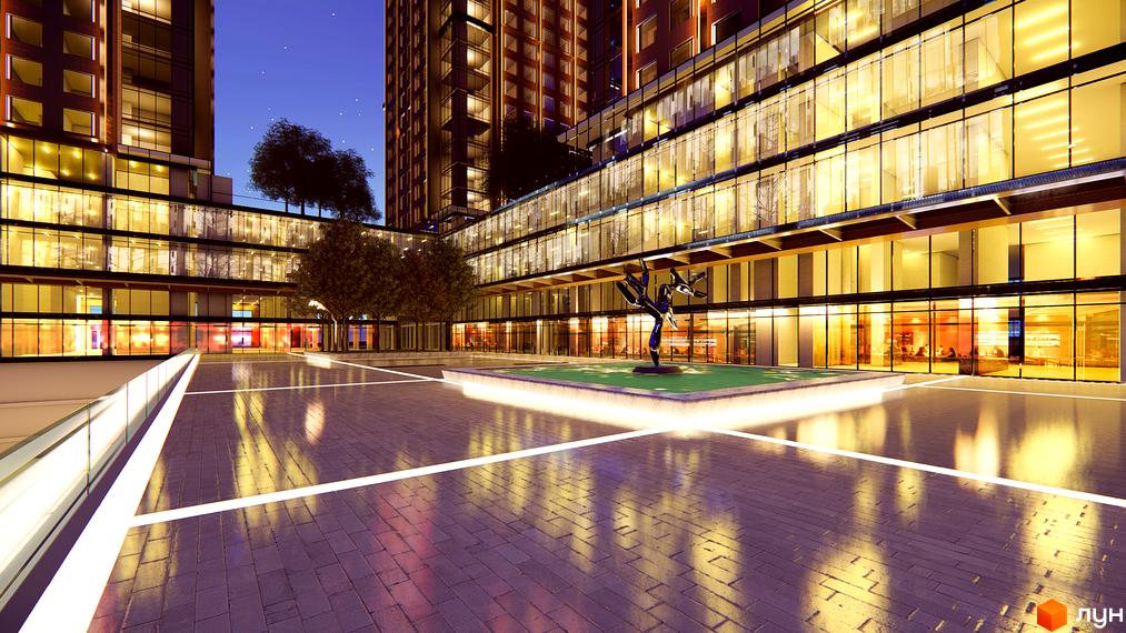 БФК Metropole: сучасний житловий комплекс з підсвіченим фасадом та просторим внутрішнім двором з арт-об'єктом. Відкрийте для себе комфортне життя у новобудові.