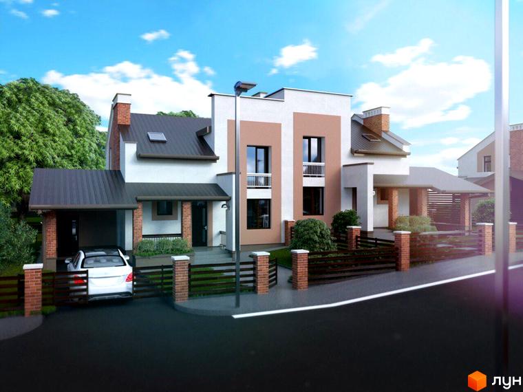 Зображення сторінки житлового комплексу. На фото двоповерховий будинок з гаражем, світлими стінами та коричневими вставками. Перед будинком розташована огорожа з цегляними стовпчиками.