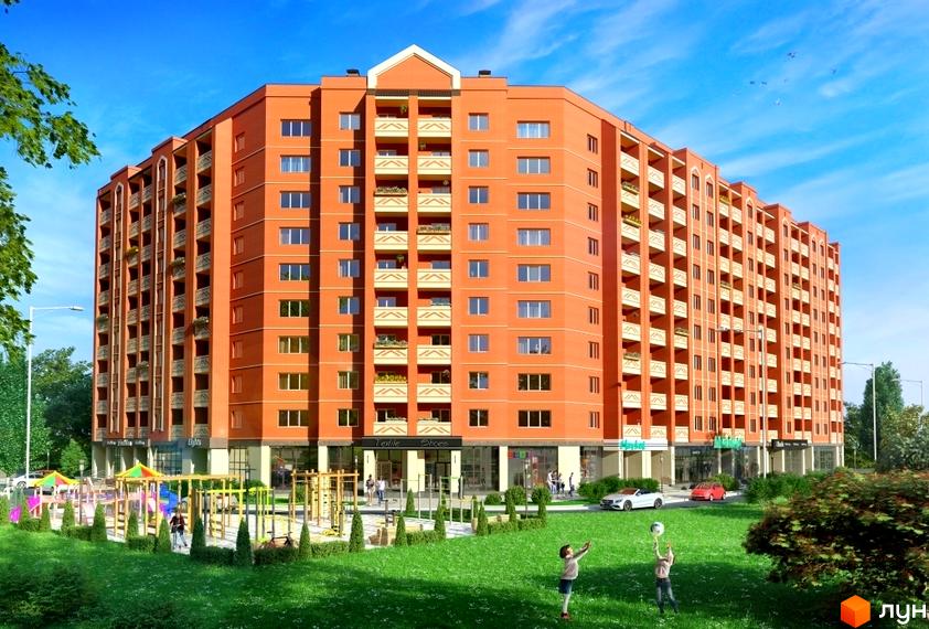 Житловий комплекс Borispol Grand: багатоповерховий будинок цегляного кольору з балконами. На першому поверсі магазини, поруч зелений газон та дитячий майданчик.