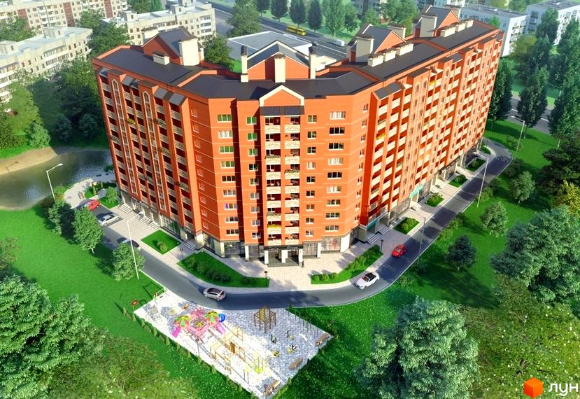 Житловий комплекс Borispol Grand – багатоповерхова будівля U-подібної форми з помаранчевої цегли. Прибудинкова територія включає зелені зони, дорогу та дитячий майданчик.