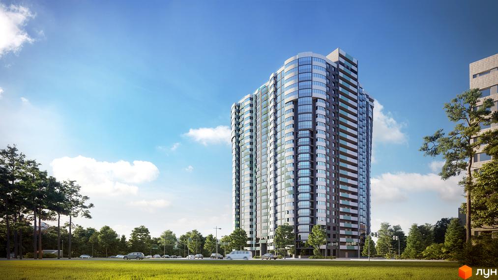 Висотна будівля житлового комплексу FREEDOM з панорамними вікнами. Навколо будинку зелена трава, дерева та дорога з автомобілями.