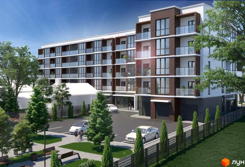 Клубний будинок Сімейний з сучасними фасадами та балконами. На території розташовані дерева, парковка з автомобілями та пішохідна зона.