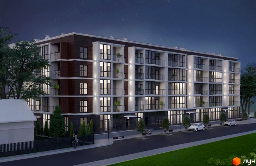 Клубний будинок Сімейний – це сучасна новобудова з великою кількістю вікон та балконів. Територія навколо будинку доглянута, з деревами та доріжками.