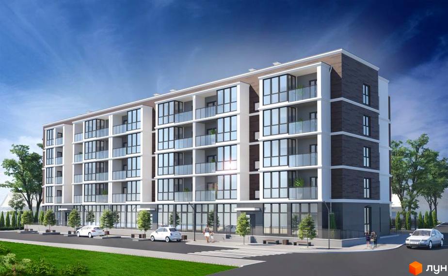 Клубний будинок Сімейний – це 5-поверхова новобудова з балконами та великими вікнами. Перед будинком розташована прибудинкова територія з зеленими насадженнями та місцями для паркування.