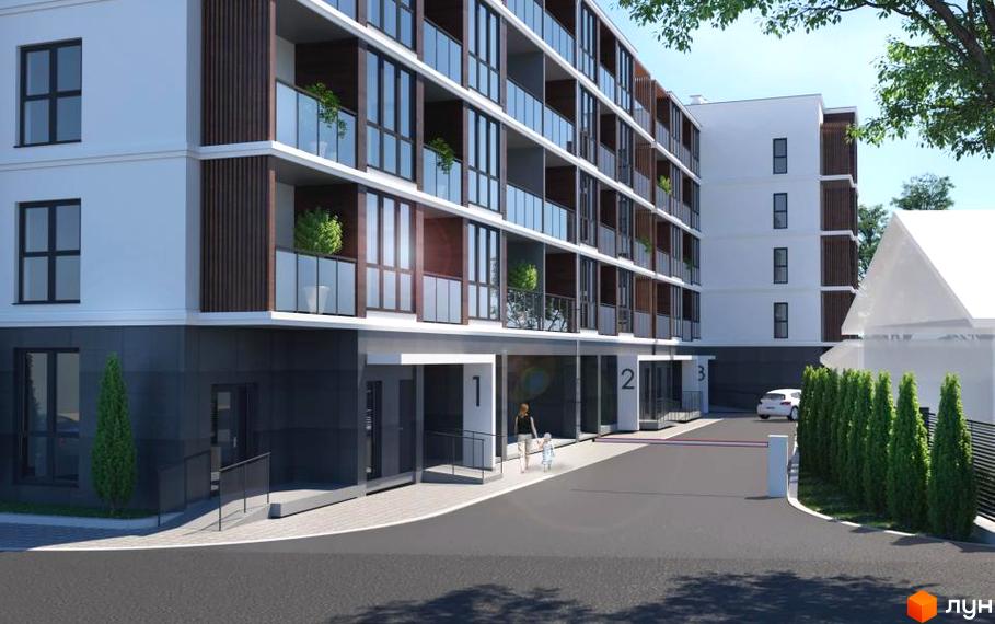 Зовнішній вигляд клубного будинку Сімейний з балконами та скляними фасадами. Прибудинкова територія з дорогою та зеленими насадженнями.