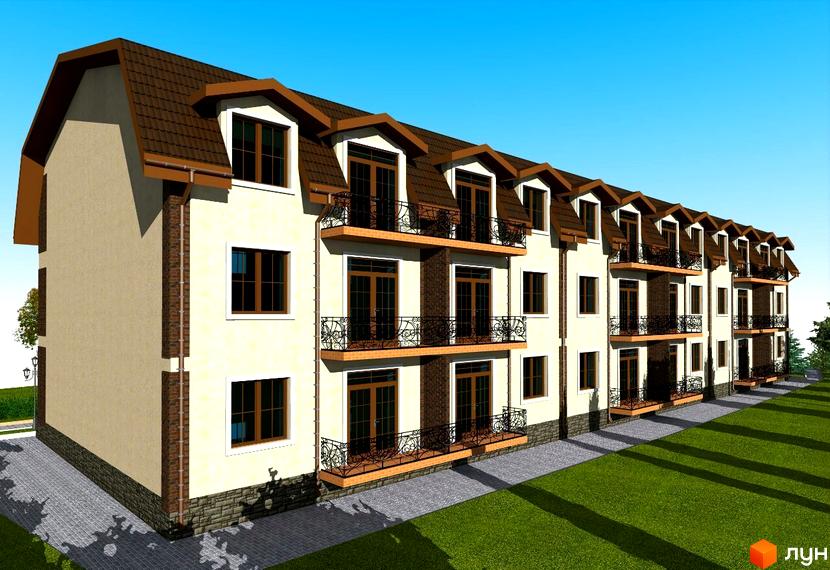 Зовнішній вигляд новобудови на вул. Данила Галицького, 17. Будинок має кілька поверхів з балконами та мансардними вікнами. Прибудинкова територія озеленена.