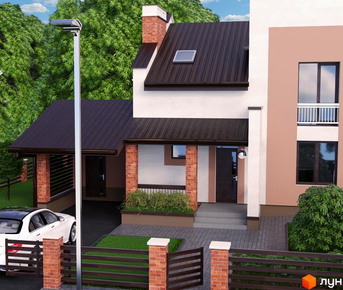 Зображення будинку в Котеджному містечку Вишня. Двоповерховий будинок з коричневим дахом та світлим фасадом, поруч зелені насадження та припаркований автомобіль.