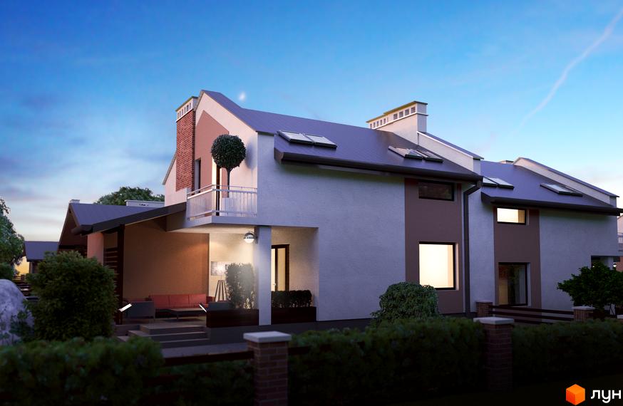 Зображення житлового будинку в Котеджному містечку Вишня. На фото видно фасад будівлі з балконом, а також прибудинкову територію з зеленими насадженнями.