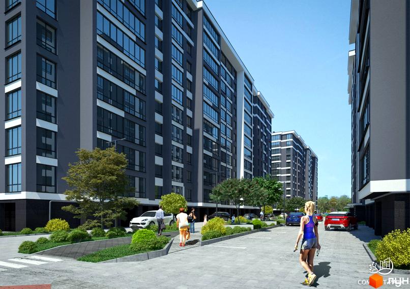 Зовнішній вигляд житлового комплексу Comfort Park з темними фасадами та великою кількістю вікон. Прибудинкова територія з деревами, кущами та парковкою.