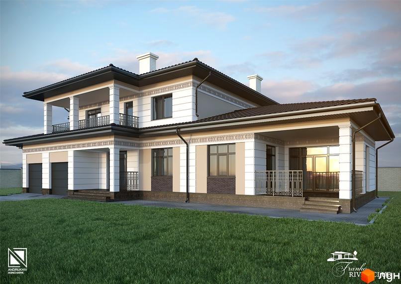 Котеджне містечко Franko River Club: двоповерховий будинок з колонами, балконами та терасою, зелена галявина перед будинком.