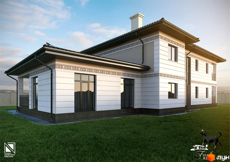 Котеджне містечко Franko River Club: двоповерховий будинок з білим фасадом, великими вікнами та зеленим газоном перед ним. На території присутній собака.