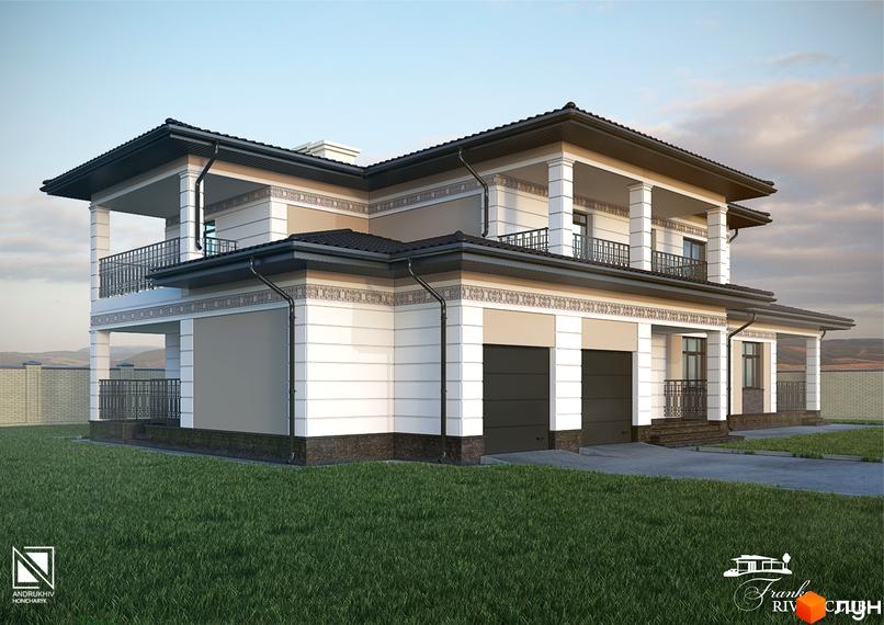 Котеджне містечко Franko River Club: двоповерховий будинок з колонами та балконами. Охайний газон та під'їзд до гаражних воріт.