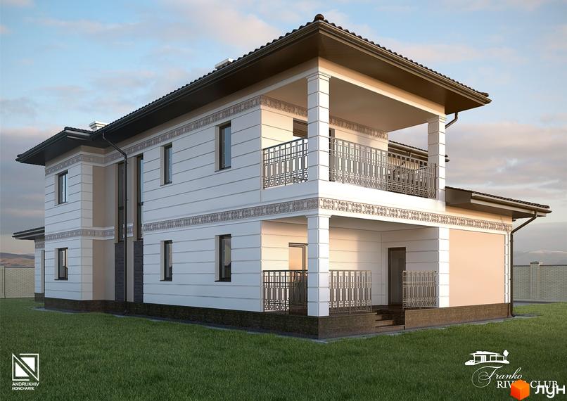 Котеджне містечко Franko River Club: двоповерховий будинок з білим фасадом, балконом та декоративними елементами на зеленому газоні.