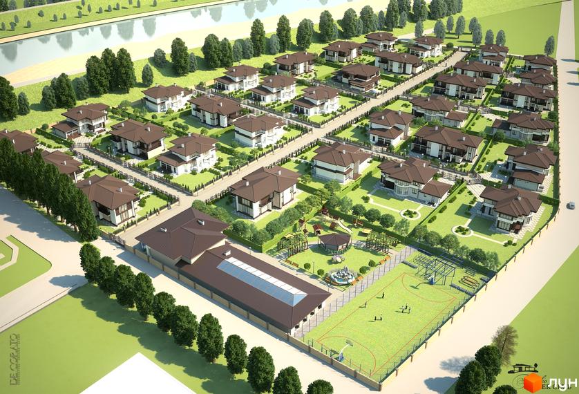 Котеджне містечко Franko River Club: сучасні будинки з коричневими дахами та білими фасадами, зелені газони, дитячий майданчик та спортивна зона.