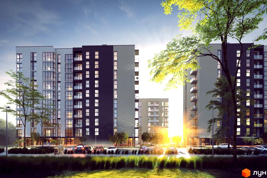 Зовнішній вигляд новобудови ЖК Plus 2 з великою кількістю вікон та балконів. На прибудинковій території розташовані автомобілі та зелені насадження.