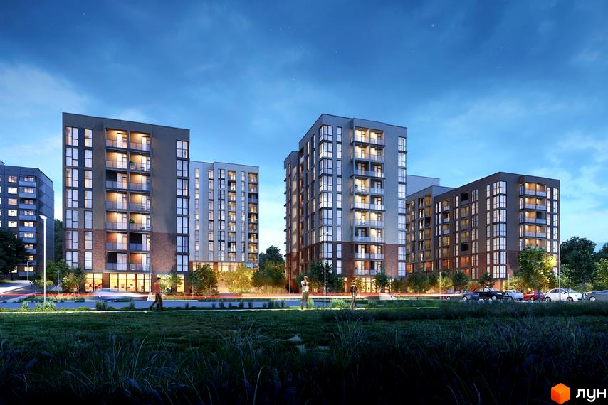 Житловий комплекс Plus 2: сучасні багатоповерхові будинки з балконами та великими вікнами. Навколо зелена територія з деревами та доглянутим газоном, освітлені вулиці та припарковані автомобілі.