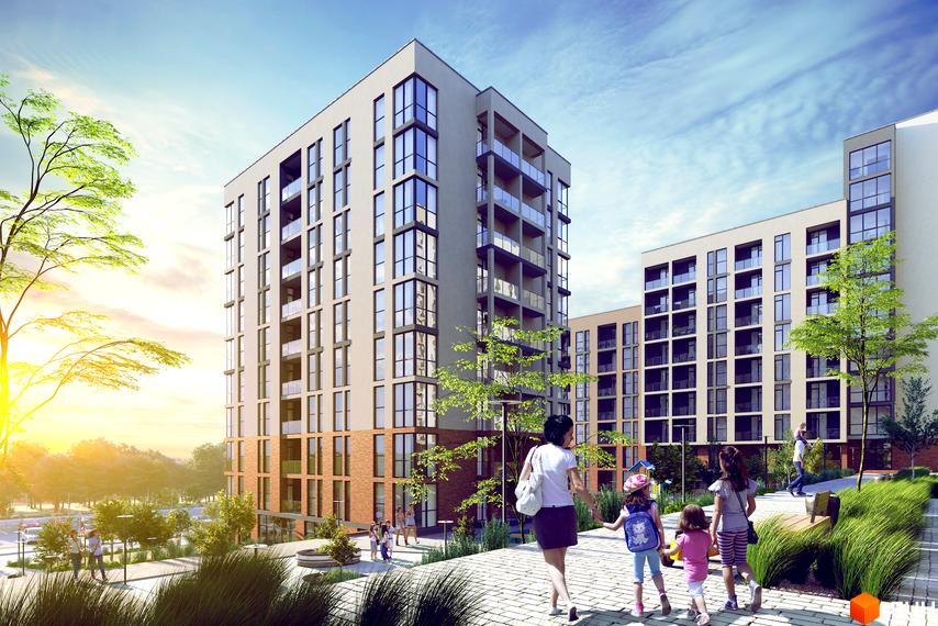 Новобудова ЖК Plus 2 з цегляним оздобленням нижніх поверхів та скляними балконами. Прибудинкова територія з зеленими насадженнями та пішохідними доріжками.