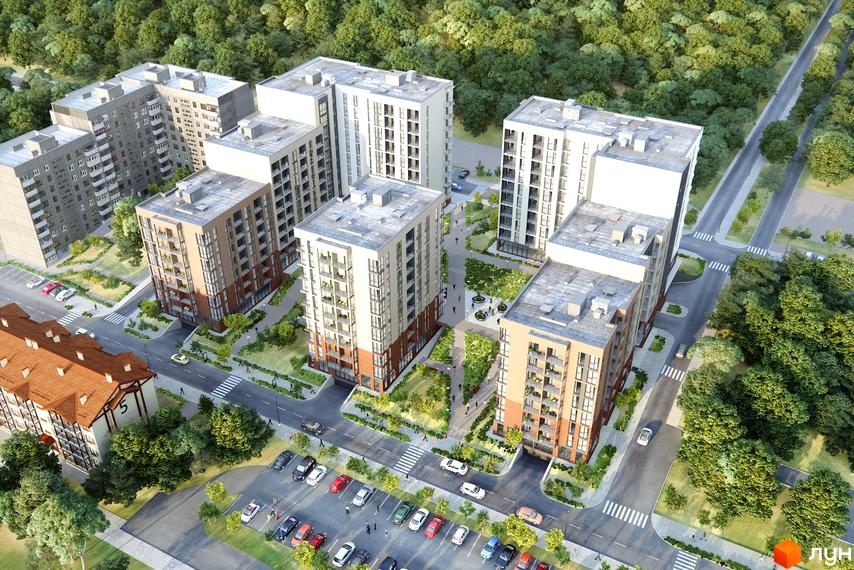 Візуалізація житлового комплексу Plus 2 з багатоповерховими будинками та зеленою прибудинковою територією. На зображенні видно дороги, парковки та пішохідні зони.